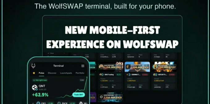 An advertisement for WolfSWAP terminal, promoting a 'NEW MOBILE-FIRST EXPERIENCE' with screenshots showing crypto trading features on phone and desktop interfaces.