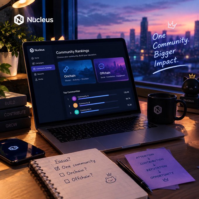 A laptop displaying the Nucleus app's 'Community Rankings' dashboard with options for 'Onchain' and 'Offchain', sitting on a desk with a notebook checklist reading 'Focus? One community, Onchain, Offchain' and sticky notes listing 'Attention, Contribution, Reputation, Opportunity.'