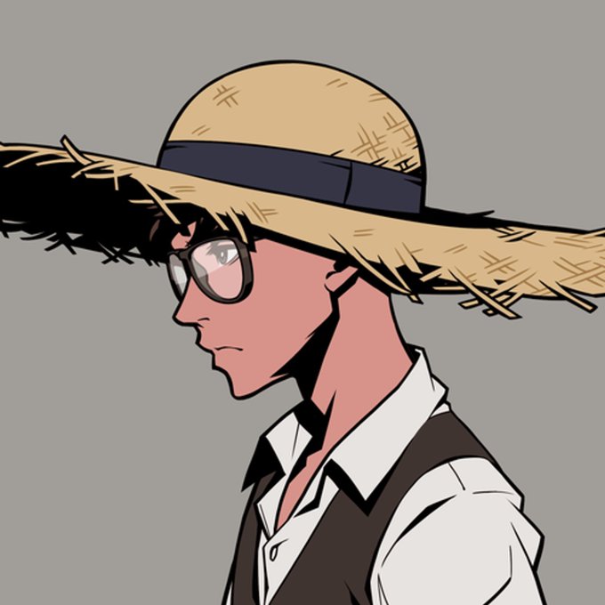 An anime-style illustration shows a young man in profile wearing a wide-brimmed straw hat, glasses, a white shirt, and a dark vest against a gray background.