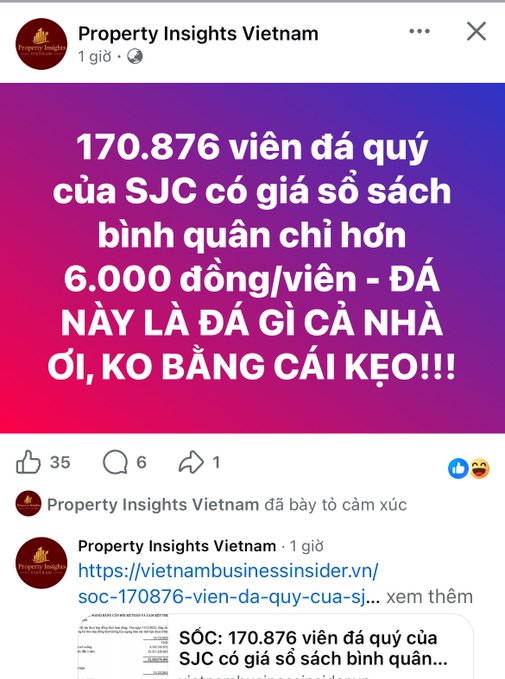 A screenshot of a Facebook post from 'Property Insights Vietnam' with Vietnamese text claiming '170.876 viên đá quý của SJC có giá sổ sách bình quân chỉ hơn 6.000 đồng/viên - ĐÁ NÀY LÀ ĐÁ GÌ CÁ NHÀ ỚI, KO BẰNG CÁI KẸO!!!' about SJC gemstones.