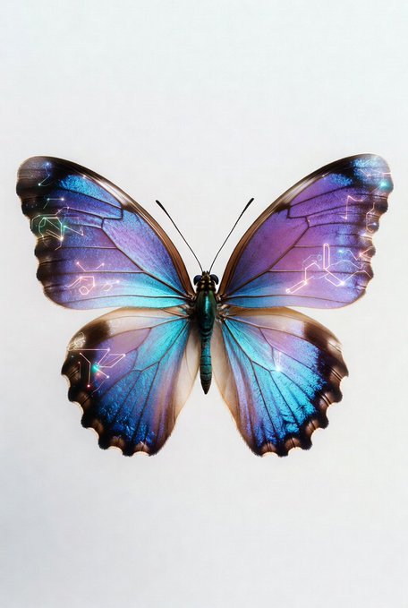 A colorful digital illustration of a butterfly with blue, purple, and teal wings accented by glowing circuit-like patterns, set against a white background.