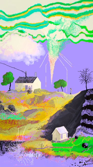 A vibrant, surreal digital landscape features a small white cottage on a hill beside a dead tree, with colorful streaks of green, yellow, and purple swirling across the sky and a small second house nestled in the foreground. The artwork, titled "Kansas" and presented as a 1/1 edition, is being offered for 25 XTZ (Tezos), connecting the dreamlike illustration to a unique NFT sale.