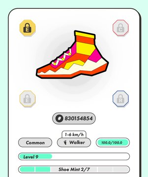 A gaming app screen showing a colorful 'Shoe Mint 2/7' NFT sneaker (Common, Level 9, Walker) with a value of 830154854.