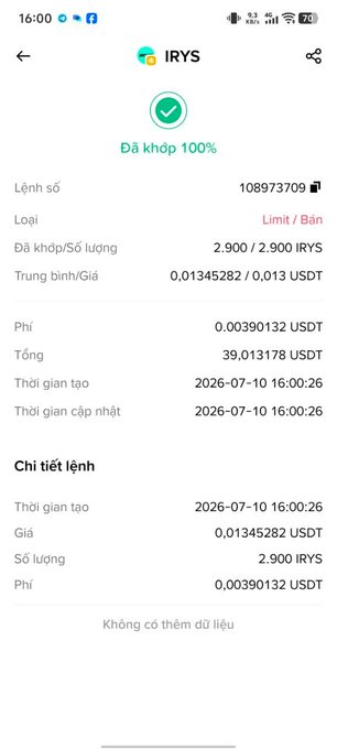 A mobile phone screenshot in Vietnamese showing a completed 100% match buy order (Limit/Bán) on IRYS, purchasing 2,900 IRYS at 0.013 USDT each, for a total of approximately 39.01 USDT, dated 2026-07-10.
