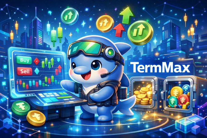 The image features a cute cartoon shark character wearing VR goggles and a tactical vest, surrounded by trading charts with "Buy" and "Sell" buttons, cryptocurrency coins, and safes filled with gold—visually representing the TermMax project's token launch being "in preparation" as mentioned in the post. The post humorously compares TermMax's patient token release timeline to a mother slowly simmering soup, with the image's trading and crypto imagery playfully illustrating the "cooking up" of the yet-to-be-released token.