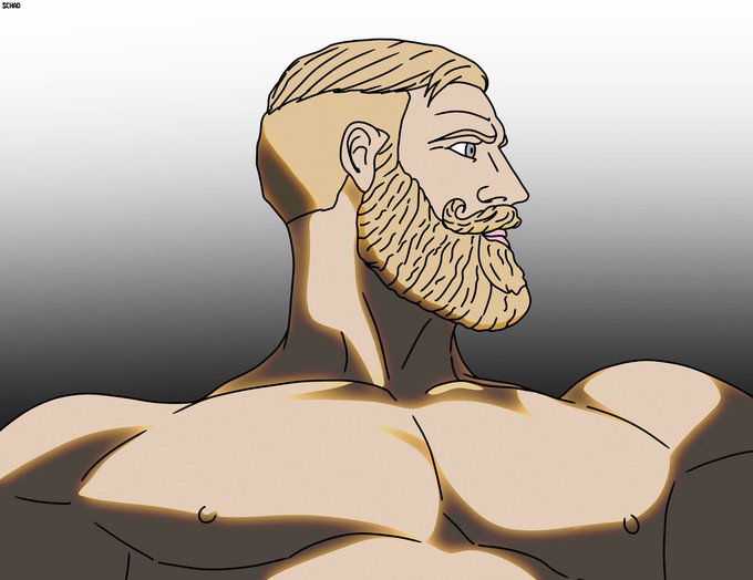A muscular, bearded man with short blonde hair and a strong jawline is shown in profile against a gray background, embodying the "Gigachad" meme archetype referenced in the caption about $CHAD. The watermark "SCNB" is visible in the top left corner, and the image's exaggerated masculine features perfectly illustrate the post's point about an enduring, culturally recognized meme.