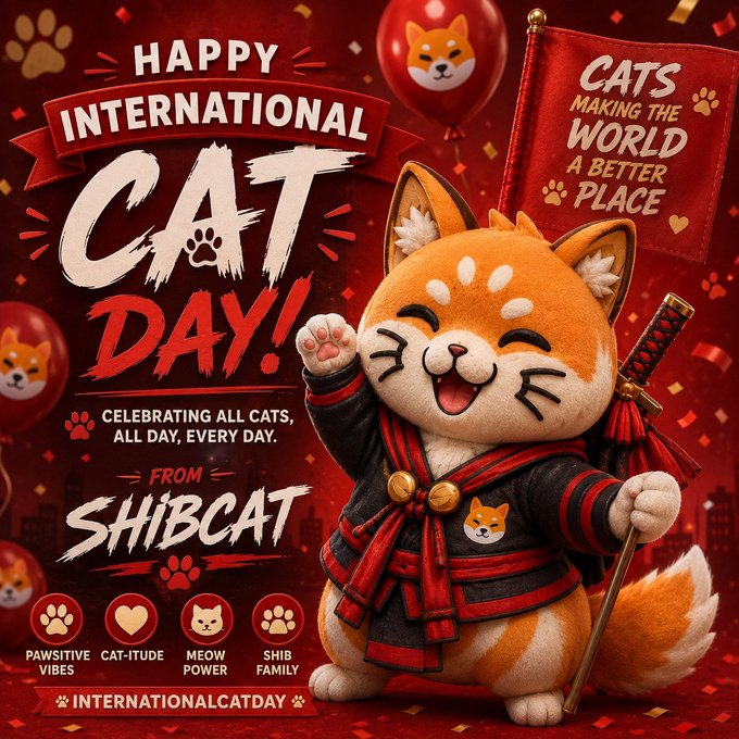 Festive 'Happy International Cat Day' graphic featuring a 3D Shiba Inu cat character in samurai-style attire holding a flag, with text 'CATS MAKING THE WORLD A BETTER PLACE' and 'FROM SHIBCAT' with attributes 'PAWSITIVE VIBES, CAT-ITUDE, MEOW POWER, SHIB FAMILY'.