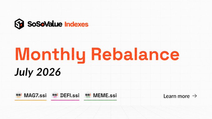 SoSoValue Indexes announces the completion of its July 2026 monthly rebalance for three on-chain index tokens—MAG7.ssi, DEFI.ssi, and MEME.ssi—which track large-cap, DeFi, and meme coin sectors respectively.