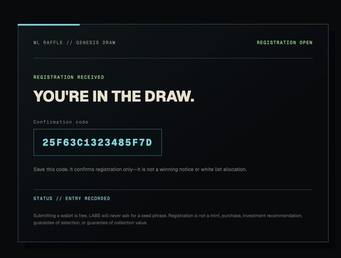 A dark-themed digital confirmation screen from LABS Onink displays a "WL RAFFLE // GENESIS DRAW" registration receipt with the message "YOU'RE IN THE DRAW." and confirmation code **25F63C1323485F7D**, marking the user's successful free entry via wallet submission to the flasks.pro giveaway.