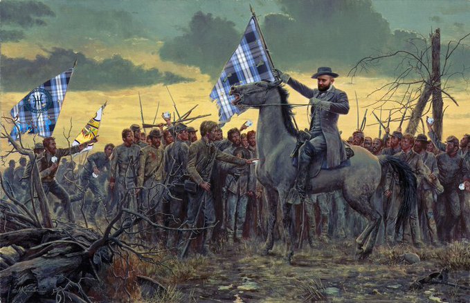 A Civil War-era painting depicting a bearded officer on horseback holding a Confederate-style flag, surrounded by soldiers and other flags in a desolate landscape.