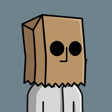 A simple cartoon drawing of a character with a brown paper bag over its head featuring drawn-on eyes, wearing a white shirt against a gray background.