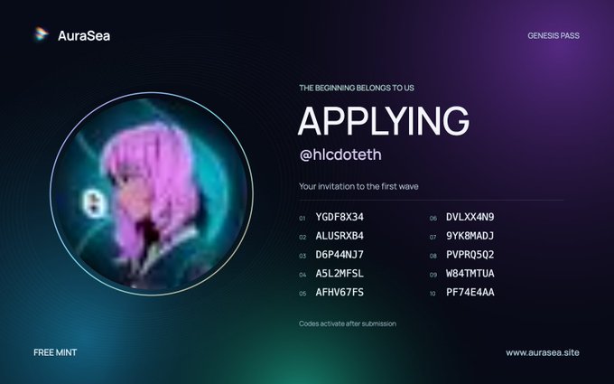A promotional graphic for 'AuraSea' Genesis Pass featuring a pink jellyfish, advertising 'FREE MINT' with the username @hlcdoteth and listing ten invite codes including 'YGDF8X34', 'ALUSRX84', and 'PF74E4AA', with the website www.aurasea.site.