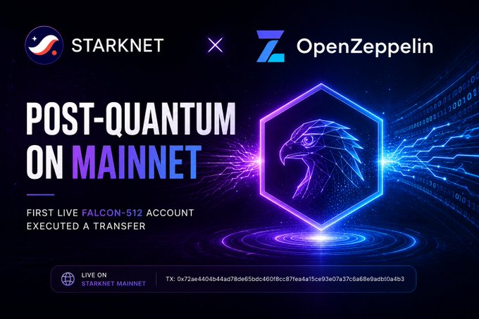 A promotional graphic announcing 'STARKNET x OpenZepelin POST-QUANTUM ON MAINNET', highlighting the first live FALCON-512 account transfer executed.