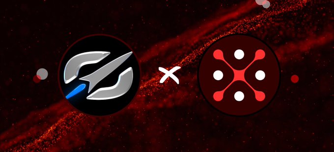 Two circular logos are separated by a white 'x' on a dark red cosmic background, suggesting a collaboration or crossover between the two brands.