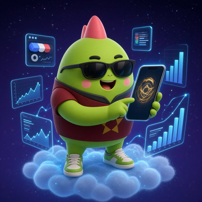 A 3D-rendered green cartoon character with red spikes on its head and sunglasses stands on a cloud, holding a smartphone displaying a golden emblem, surrounded by floating holographic charts and graphs against a starry background.