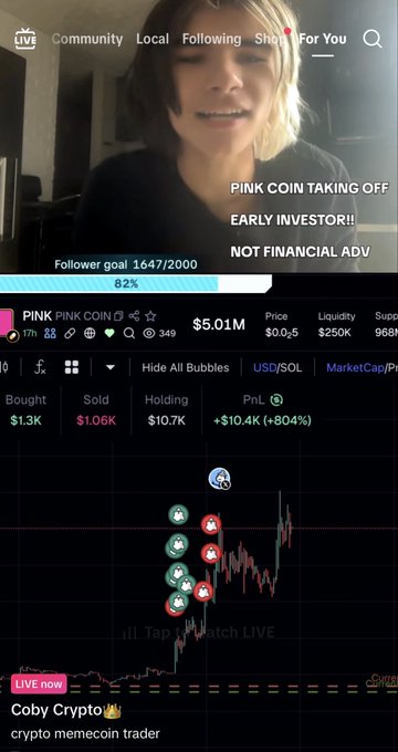 The image shows a crypto livestream by "Coby Crypto" promoting "PINK COIN" with a price of $5.01M, displaying trading stats including $1.3K bought, $1.06K sold, $10.7K holding, and a +804% PnL gain. This relates to the post's theme of a trader refusing to sell during price volatility, as the chart visualizes someone holding through dips and surges to achieve massive gains.