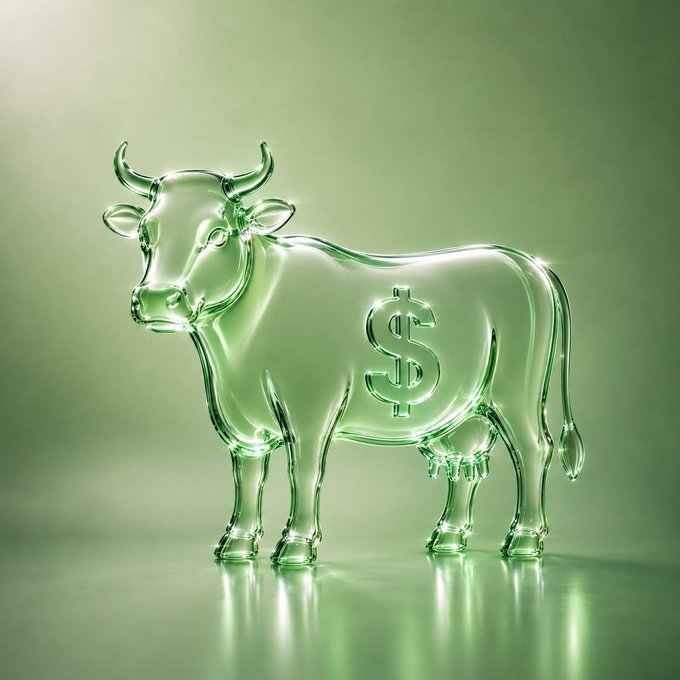 A translucent glass bull statue with a dollar sign carved into its side stands against a soft green gradient background, symbolizing financial markets.