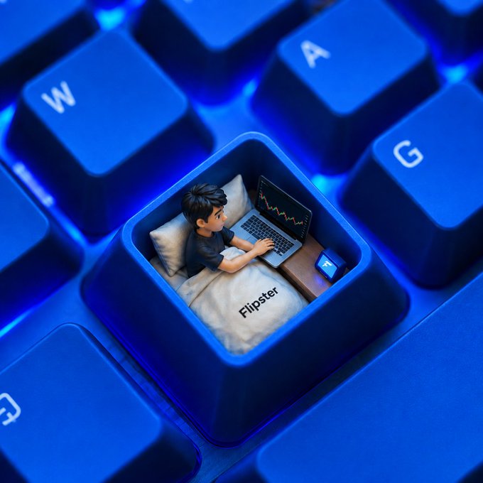 A 3D illustration of a miniature figure lying in a custom keycap-shaped bed on a blue backlit keyboard, trading cryptocurrency on a laptop labeled 'Flipster.'