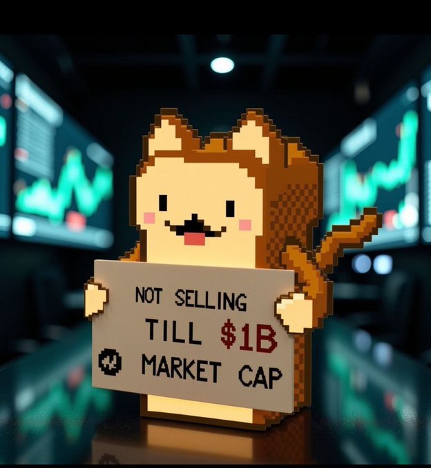 A pixel-art style 3D figure of a cat character holding a sign that reads 'NOT SELLING TILL $1B MARKET CAP' set against a blurred background of financial trading charts.