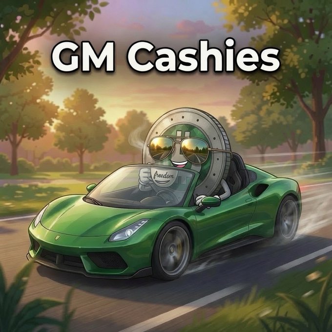 A cartoon illustration titled 'GM Cashies' depicting an anthropomorphic coin character wearing sunglasses driving a green convertible sports car along a road.