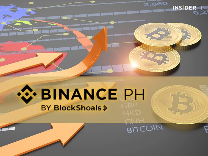The image features a close-up view of a coin, likely a Bitcoin, surrounded by various other coins. The text "Binance PH" is written above the coin, while "BlockShoals" is below it. The background shows an upward-pointing arrow and a map with different colored lines representing market trends. The image also includes a caption that reads: "EXCLUSIVE: Binance ties up with BlockShoals for Philippine market push Binance - the world's largest cryptocurrency exchange - and BlockShoals Technologies".
