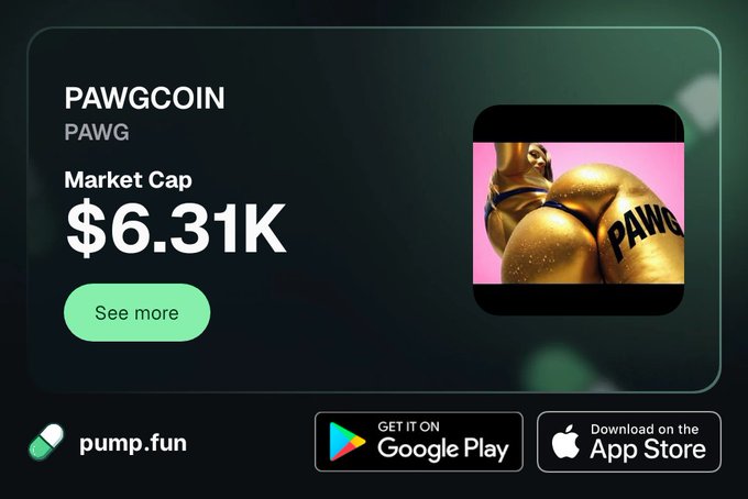 A promotional graphic for PAWGCOIN (PAWG) showing a market cap of $6.31K on the pump.fun platform, available on Google Play and the App Store.