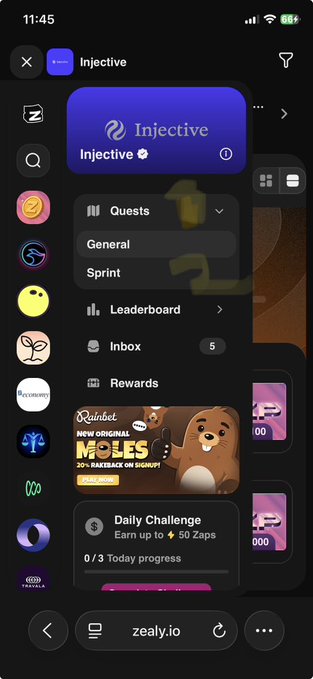 A mobile phone screenshot of an app interface for 'Injective' (zealy.io), showing quests, a leaderboard, inbox, rewards, and a daily challenge to earn up to 50 Zaps.