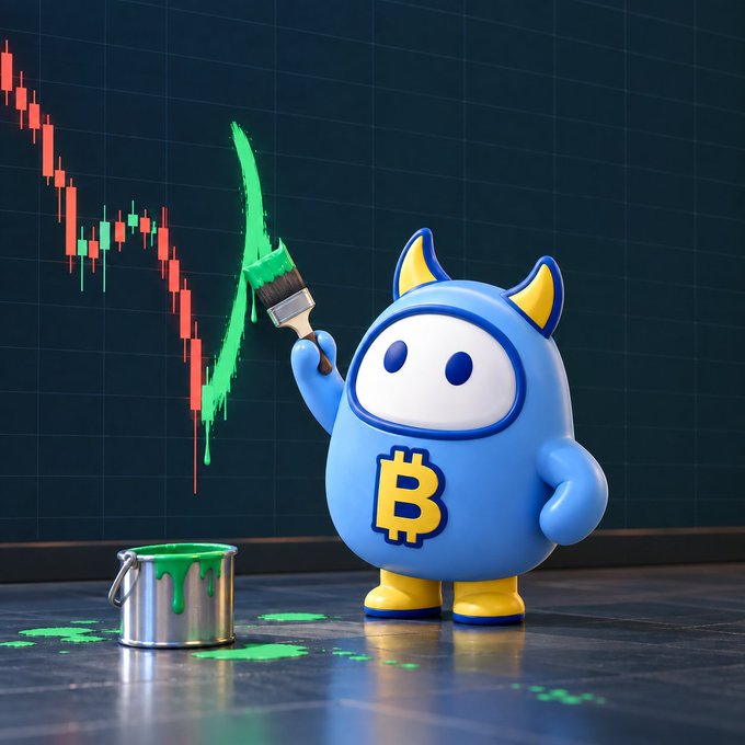 A blue cartoon mascot featuring a Bitcoin "₿" symbol holds a paintbrush dipped in green paint, having painted a bold green upward stroke over a falling red candlestick chart on a dark grid backdrop, with green paint spilled from a nearby bucket. The image ties to "Gm, we should make this right" by symbolizing a hopeful reversal—turning a bearish downtrend into a bullish recovery, suggesting it's time to "fix" the market's direction.