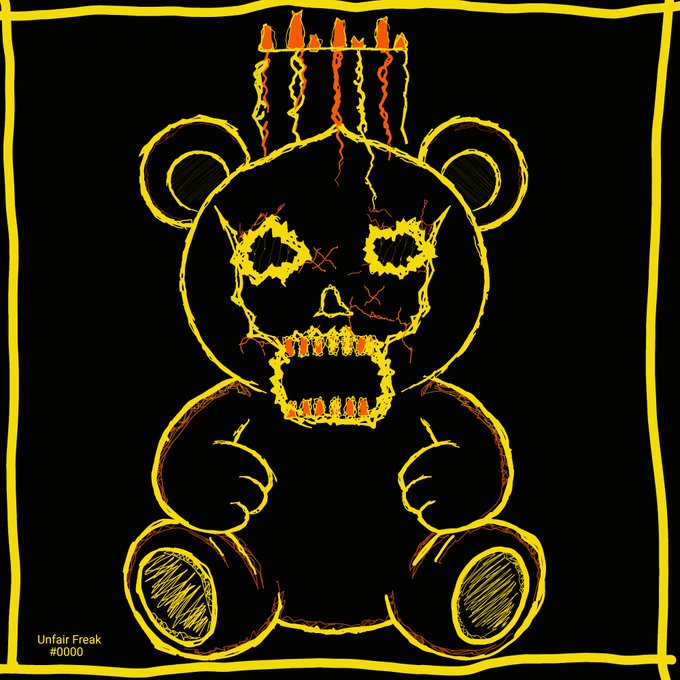 A neon yellow and orange digital drawing on a black background depicts a sinister teddy bear with stitched features, glowing eyes, and lit candles on its head, labeled 'Unfair Freak #0000' in the bottom left corner.