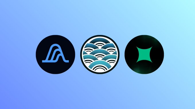 Three circular crypto logos are displayed on a light blue background, including what appears to be Aave and other blockchain project emblems.