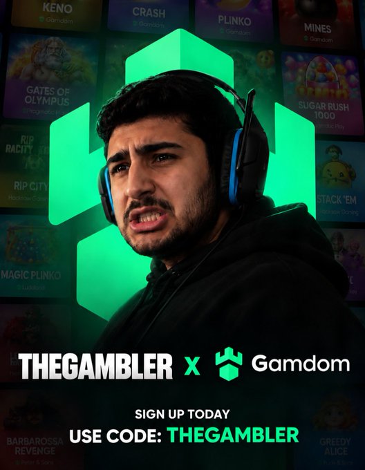 A man wearing a gaming headset and a black hoodie makes an intense, grimacing facial expression in the center of the image, set against a green hexagonal backdrop and surrounded by various casino game thumbnails. The promotional banner reads "THEGAMBLER x Gamdom" and offers a sign-up link with the code "THEGAMBLER." The image serves as a branded partnership announcement welcoming TheGambler to the Gamdom affiliate family.