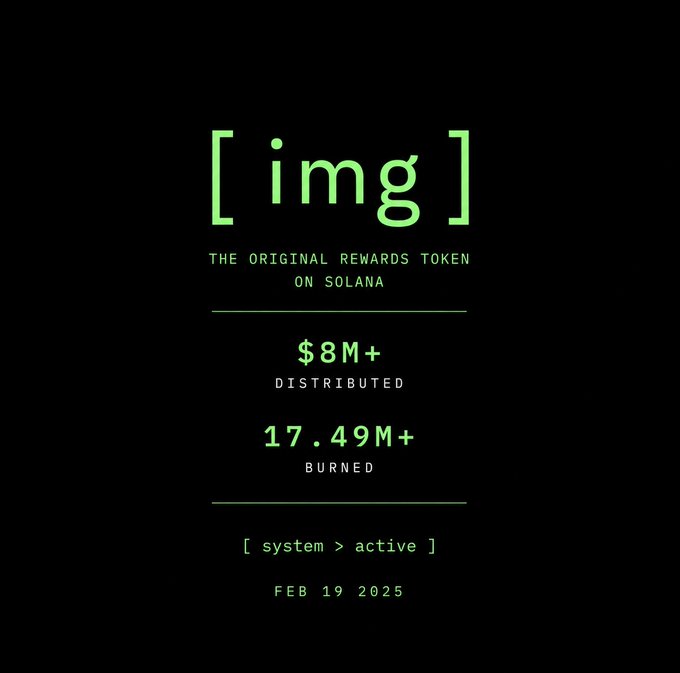 The image shows an infographic about a token called "IMG" launched on February 19, 2025. The main focus of the image is the word "IMG" written in green letters at the top and bottom of the graphic. It appears that this "IMG" token can store value, distribute it among holders, and burn it off, offering a unique way to access its stored value without requiring users to spend real money on the token. The website launch date, February 19, 2025, suggests that the app was launched in this specific time frame, indicating recent updates or improvements over time.