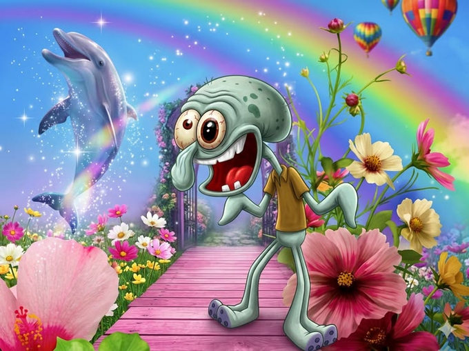 A colorful cartoon illustration of Squidward from SpongeBob SquarePants screaming in panic on a pink walkway, surrounded by flowers, a dolphin, and hot air balloons under a rainbow.