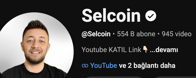 A verified Selcoin YouTube profile with 554K subscribers and 945 videos promotes the channel’s 945th market-review video, featuring a YouTube link and the accompanying YouTube URL.