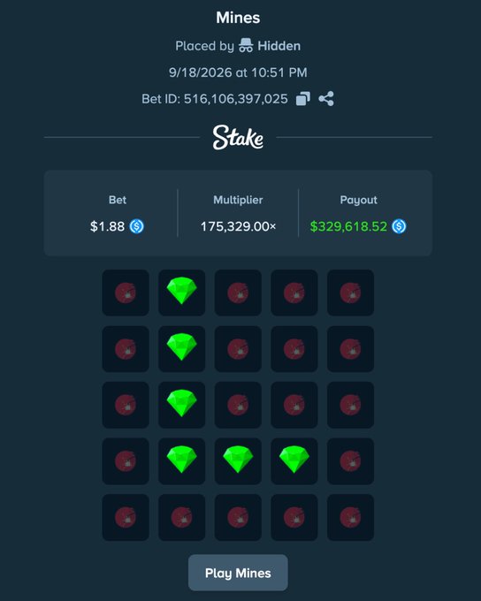 A Stake.com 'Mines' gambling screen shows a bet of $1.88 placed on 9/18/2026 at 10:51 PM, resulting in a $329,618.52 payout after revealing 5 green diamonds.