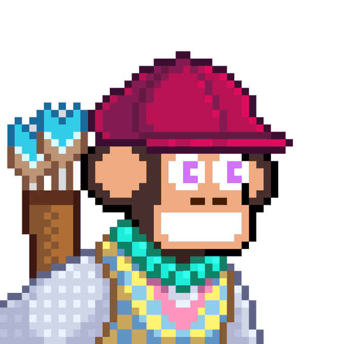 A pixel art character with a pink baseball cap, wide toothy grin, and a coffee cup, styled in the distinctive Chimpers aesthetic referenced in the post about top-tier web3 pixel art. The image appears to be a promotional or profile piece tied to the Chimpers NFT collection.