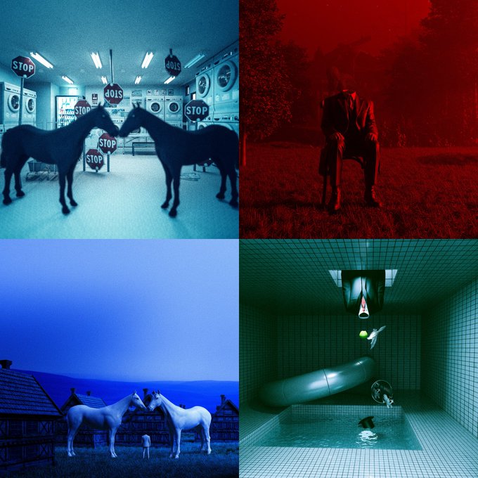 A surreal four-panel collage features a blue-toned laundromat with horses and stop signs, a red-tinted man in a field, white horses near a building, and a green-tiled bathroom with unusual floating objects.