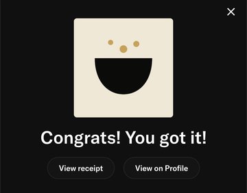 A digital pop-up notification with a smiling face icon celebrates "Congrats! You got it!" with options to "View receipt" or "View on Profile." This relates to the post confirming the user's successful mint of one of only 2 whitelist spots for an item, where the free mint received a top offer of $124 ($88 being the current offer) with 42% minted so far.