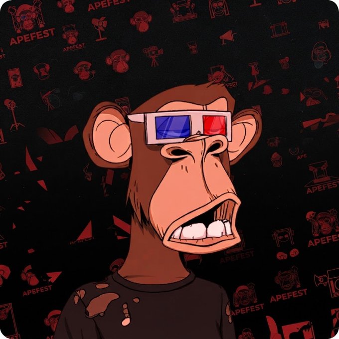 A Bored Ape NFT illustration wearing 3D glasses against a dark background patterned with 'APEFEST' text and logos.