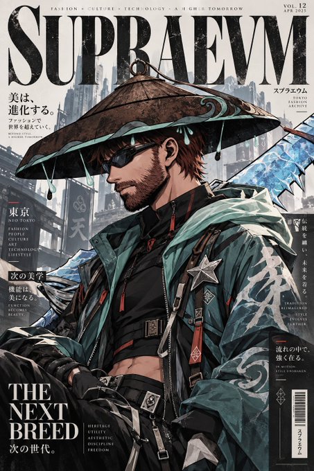 A magazine cover titled 'SUPRAEVM' Vol. 12, featuring an illustrated cyberpunk samurai character wearing a traditional conical hat and sunglasses in a futuristic Tokyo setting, with text including 'THE NEXT BREED' and Japanese characters.