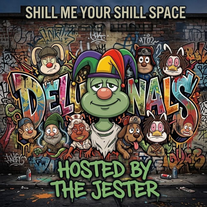 Graffiti-style artwork titled 'SHILL ME YOUR SHILL SPACE HOSTED BY THE JESTER' featuring a jester character surrounded by various cartoon mascots on a brick wall.