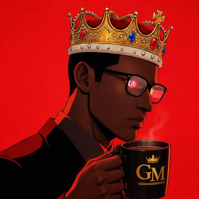 The image features a man wearing glasses, holding a black coffee cup with the word "G" written on it. The background of the image is red, which complements the man's attire and adds a bold touch to the overall composition. The caption at the bottom of the image reads "Good Morning Future Billionaires Happy Wednesday Another day to still show up and rank @XOOBNetwork and @useTria".