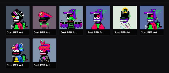 A grid of eight colorful cartoon NFT profile pictures (PFPs), each labeled 'Just PFP Art'.