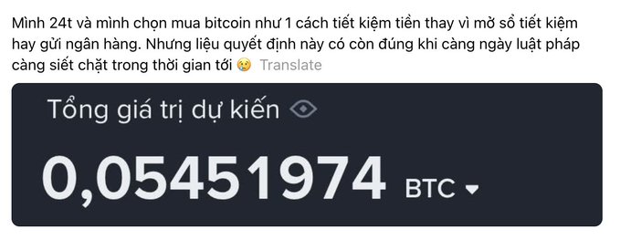 Screenshot of a Vietnamese comment asking whether buying Bitcoin as savings is still wise given tightening regulations, showing a BTC balance of 0.05451974 BTC.