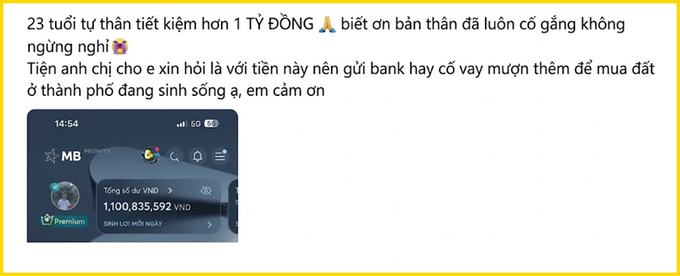 A Vietnamese social media post with a screenshot of an MB Bank app showing a balance of 1,100,835,592 VND, asking for advice on banking versus borrowing to buy land.