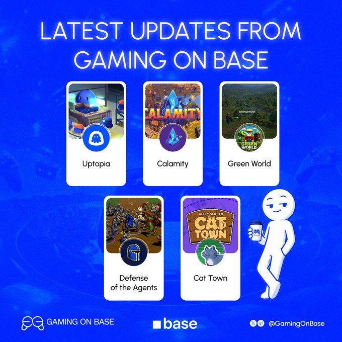 A promotional graphic titled 'LATEST UPDATES FROM GAMING ON BASE' featuring five games (Uptopia, Calamity, Green World, Defense of the Agents, and Cat Town) alongside the Base and Gaming on Base logos with social media handles.
