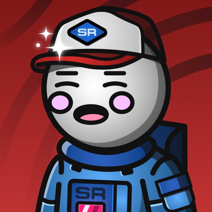 A cartoon-style illustration of a character wearing a white and red 'SR' branded cap and blue astronaut-style outfit with pink glowing eyes, set against a red background.