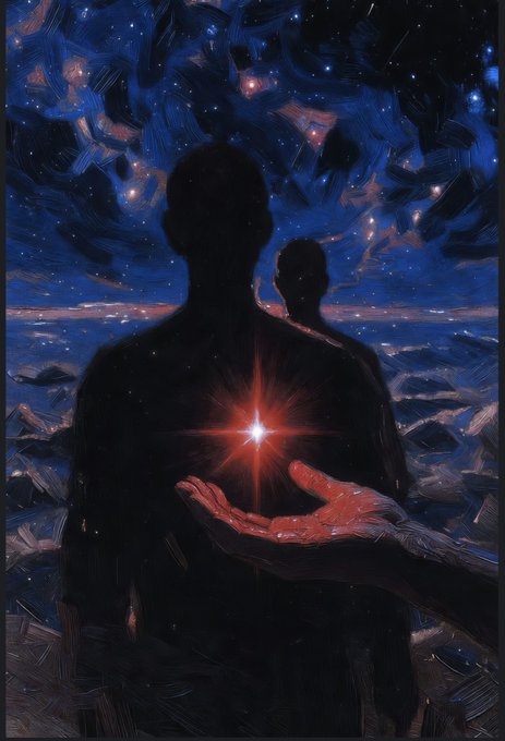 This image is abstract and uses silhouettes of people set against the vast starry sky of the universe. This evokes meaning about life beyond life and the human desire to seek for legacy.  According to the post, this is the final copy of a piece titled "The Silent Revival" by an unknown artist, further demonstrating the power of art in evoking emotion and the forging of a connection between the creator, the artwork, and the collector