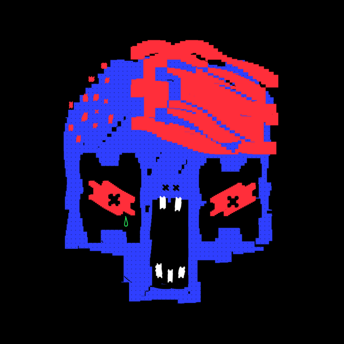 A pixel art illustration depicts a blue skull with glowing red eyes, a red brain exposed on top, and an open mouth with teeth, set against a black background.