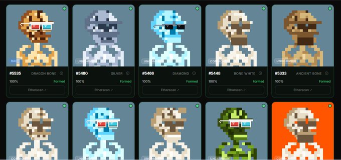 A pixel art NFT marketplace displaying skeleton characters labeled 'DRAGON BONE', 'SILVER', 'DIAMOND', 'BONE WHITE', and 'ANCIENT BONE' as Etherscan collections.